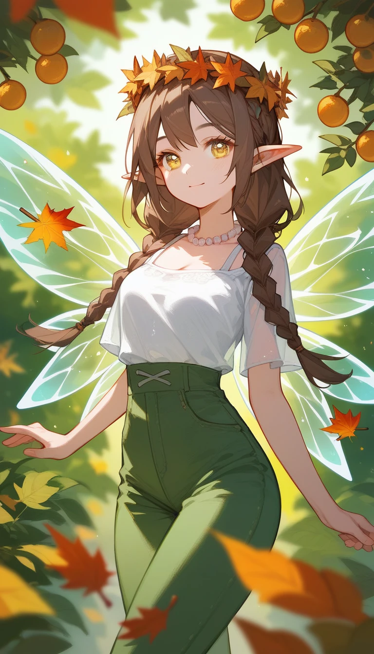 (Fraction_9,Fraction_8_Direction_7_up),(1 woman),Elf,Yellow eyes,Brown hair,Braids,Elf transparent wings,Knickers,Green pants,Pointed ears,Pearl jewelry on neck,White top,Colorful wreath on head,The skirt is made of leaves,