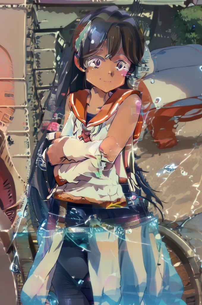 One girl, alone, Upper Body, In-person audience, View your viewers, smile, I400KC, Long Hair, White shirt, No sleeve,One piece swimsuit, Bare arms, No sleeve shirt, headgear, School Swimsuit, Sunburn, Sunburnlines, Wear a swimsuit under your clothes, Sailor shirt, Orange sailor collar