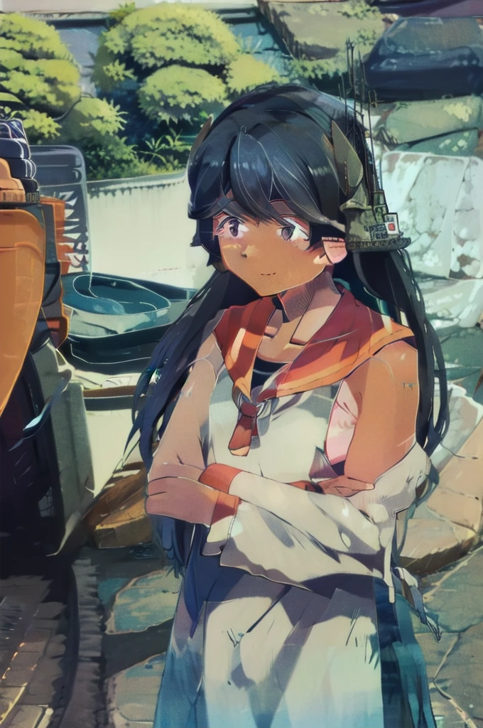 One girl, alone, Upper Body, In-person audience, View your viewers, smile, I400KC, Long Hair, White shirt, No sleeve,One piece swimsuit, Bare arms, No sleeve shirt, headgear, School Swimsuit, Sunburn, Sunburnlines, Wear a swimsuit under your clothes, Sailor shirt, Orange sailor collar