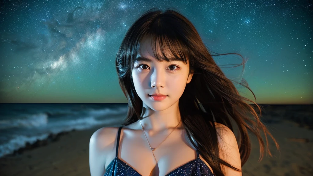 A very cute face like an idol、One 20-year-old woman with a youthful appearance、(Cleavage)、(((Beautiful starry sky on the beach at night)))、((Very dim lighting))、((cinematic lighting))、((Don&#39;t expose your face to the light))、((Long-distance shot))、RAW Photos、Genuine、live-action、(Artistic Expression)、High resolution、masterpiece