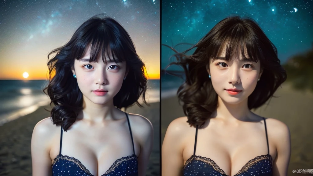 (((One Woman)))、A 20-year-old woman with a very cute face like a 16-year-old idol、Cleavage、Beautiful starry night、(Very dim lighting)、RAW Photos、Genuine、((Quality indistinguishable from real life))、(Artistic Expression)、Real Stick、High resolution、masterpiece