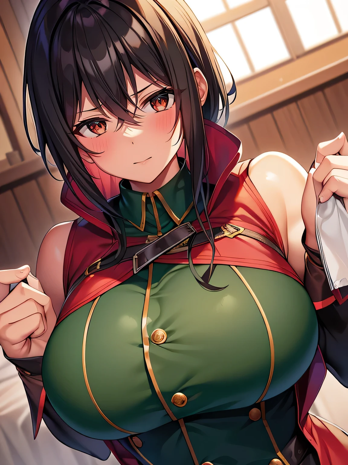 masterpiece、Highest quality、Red Hood、Passionate"elegant、elegant、Hyperpyrexia erupts from the body, burning up the surrounding area.〝Heat Curse〟、Tends to be constantly overheated/hyperpyrexia、(((Green military uniform)))+++、(((Green military uniform)))+++、(((Green military uniform)))+++、Hit with a hot fist at 800 degrees、Hyperpyrexia that makes your body float、Iron Works Conductor and Instructor of the Hunter Union、a muscular, dark-skinned mature woman with large breasts。a muscular, dark-skinned mature woman with large breasts。a muscular, dark-skinned mature woman with large breasts。、He's as tall as an adult Grimm..。Toned figure、Women's charm is large size.、(You can see her beautiful body from the back..)。Wearing clothes with bandaged arms、wear underwear that only covers the chest and long pants。Because she is wearing light clothing and her belly button is showing、Her healthy, beautiful figure and toned dark skin are highlighted..、Because I always have a warm personality、It seems to be clothing that helps dissipate body heat.。His body is full of old scars that appear to have been caused in battle.。.。Depending on the scene, He is wearing a military cap or uniform..。Her face is beautiful、Eye patch for left eye(Eye patch)wear。His expression is bright、Lots of bright expressions。I'Is her hair tied back?、Gold's. Carly.、She has a flaming, spiky hairstyle..