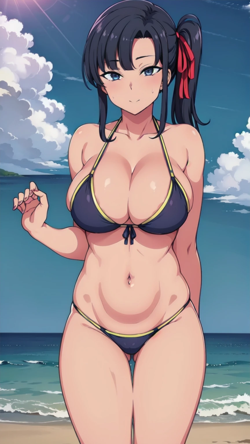 Black_hair,hair_ribbon,side ponytail,Bangs,looking at the viewer, Bikini,blue theme, blue background, cloudy sky, sunlight, sweat, orgasmic, bikini swimsuit, large breasts, cleavage, belly button exposed, collarbone, thighs, sea and beach