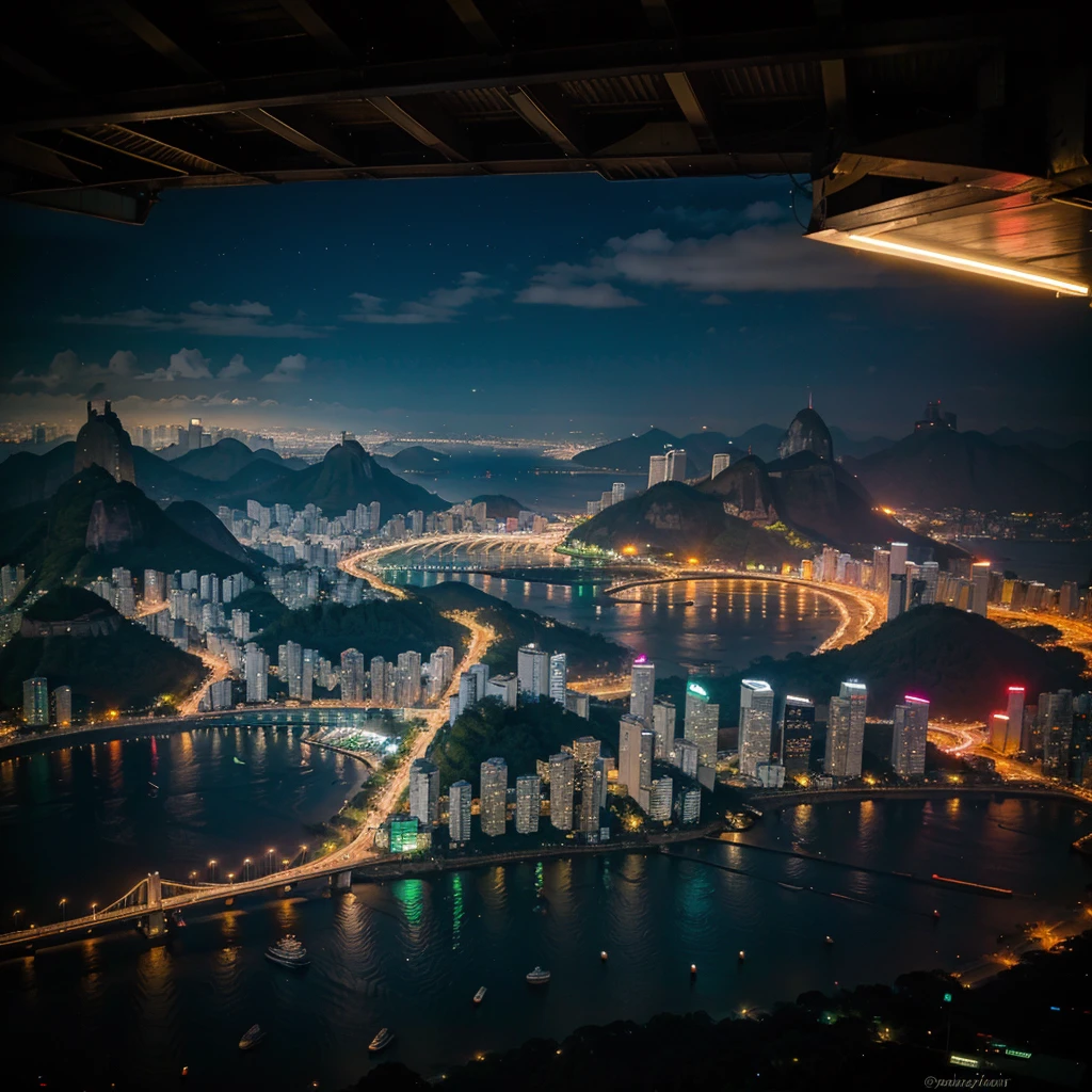 Aerial night view of Rio de Janeiro, cyberpunk, neon lights, future year 2100, future, ano 2100