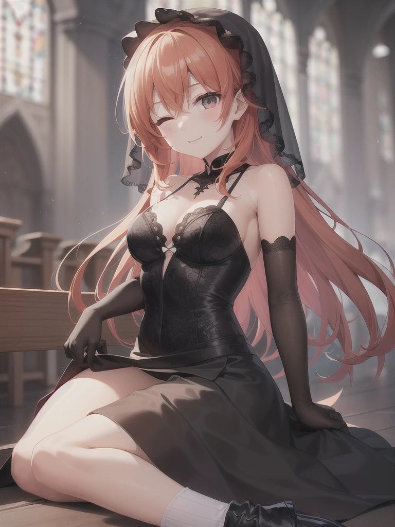 A girl，Long hair, Bangs, Orange hair, Hair between the eyes, s eyes:（1.5),  (Medium breasts:1.2), 
rest  锁骨, Wedding dress，veil，wedding，Black dress，Flowers，The skirt is broken，Black socks，Black knee socks，Black gloves，boots，Cleavage，，
Looking at the audience, whole body，Smile
在室内, church，permanent，permanent，Smile，With one eye closed，
rest (masterpiece:1.2), best quality, high resolution,  8k wallpaper, (illustration:0.8), (美丽细致s eyes:1.6), Extremely detailed face, Perfect lighting, Extremely detailed CG, (Perfect hands, Perfect anatomical structure),