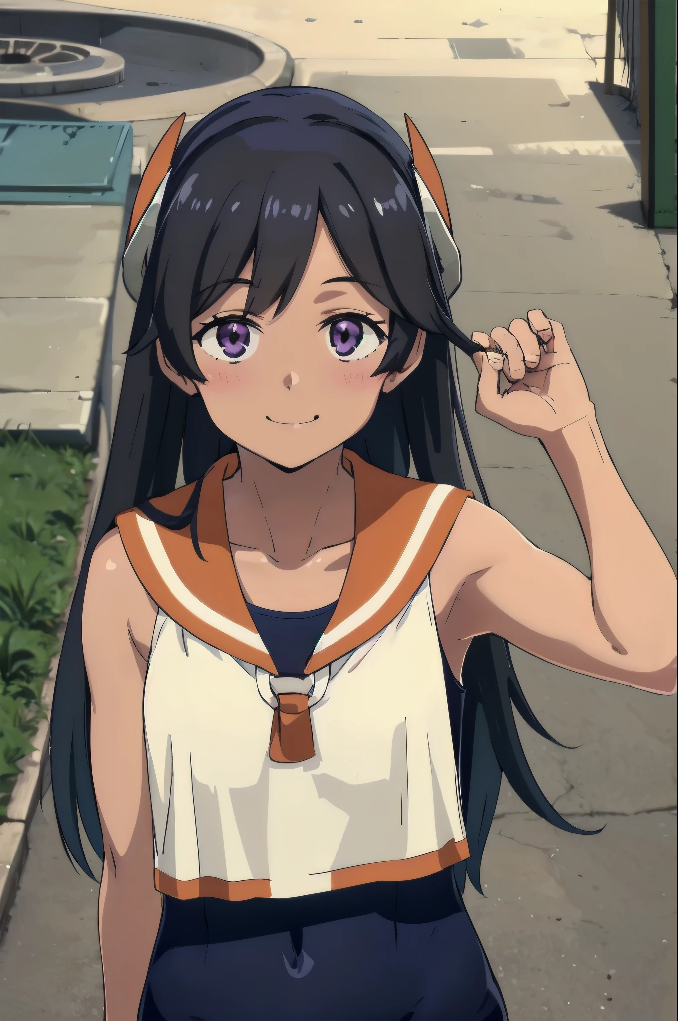 One girl, alone, Upper Body, In-person audience, View your viewers, smile, I400KC, Long Hair, White shirt, No sleeve,One piece swimsuit, Bare arms, No sleeve shirt, headgear, School Swimsuit, Sunburn, Sunburnlines, Wear a swimsuit under your clothes, Sailor shirt, Orange sailor collar