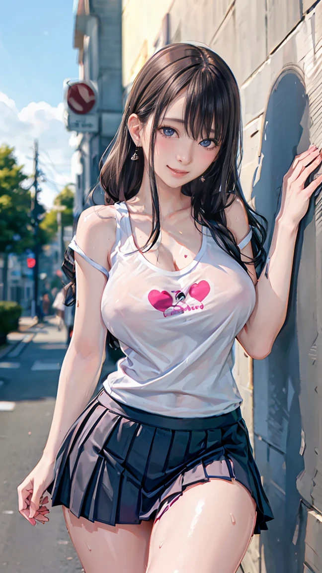 ((((highest quality)))), (((Ultra-precision CG 16K))), (((masterpiece))), (((Very detailed))), (((Extremely detailed))), (((Black outline:1.3, Written boundary depth:1.3 , Written soft outline))), Maximum clarity and sharpness,Multilayer Texture, Surface Shading, Cinematic lighting, Beautiful details sparkle ,Perfect Proportions, Limited to three woman, BREAK accurate, Anatomically correct, Highly detailed face and skin texture, drawn in detail, Highly detailed facial and skin texture, Detailed eyes, beautiful hair, Beautiful Japanese Idol face, Beautiful and beautiful eyes, Beautiful body, Beautiful breasts, Beautiful thighs, Beautiful legs, Beautiful fingers, (Beautiful views) , skinny body, ((Beautiful Skin)), ((Skin Texture)) BREAK breast enlarged, large Breasts, rocket breasts, (((perky breasts))), ((covered nipples)), slender waist, (smiling , narrow eyes, blush, determined expression, hot, sweaty , Heavy breathing,) BREAK (((wearing oversized character print t-shirt, wearing tank top as outer, wearing pleats mini-skirt, breasts is covered by outfit))) , wearing earrings, BREAK ( stick breast out),(((looking at viewer, super detailed background , summer sky, high school student put a lollipop candy in the mouth on street, leaning against wall, from below ))),