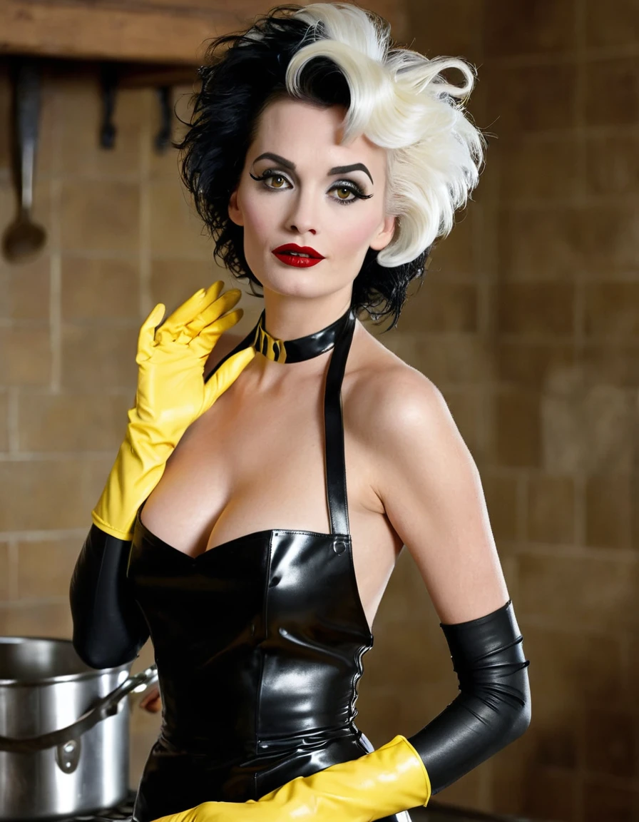 A masterpiece, High resolution, Best quality, very detailed. A naked sexy Cruella. A very magnificent hairstyle. A naked model in a long black latex butcher's apron. Hands in short yellow latex gloves on hips. A haughty pose.