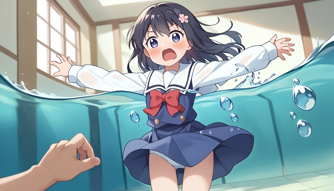 score_9, score_8_up, score_7_up, source_アニメ, masterpiece, 1girl, work, blue dress, white sailor collar, red bowtie, white long sleeves, cowboy shot, looking at viewer, indoors, open mouth, Water Play, Primary school students、Skirt fully open、Long wide skirt、cute、White underwear、blush、Watery eye、spring、Lots of water、Wet、(((Wind power increase)))、(The skirt spreads over the water surface.)、drowning water、Underwater Shot Of The Swimming pool