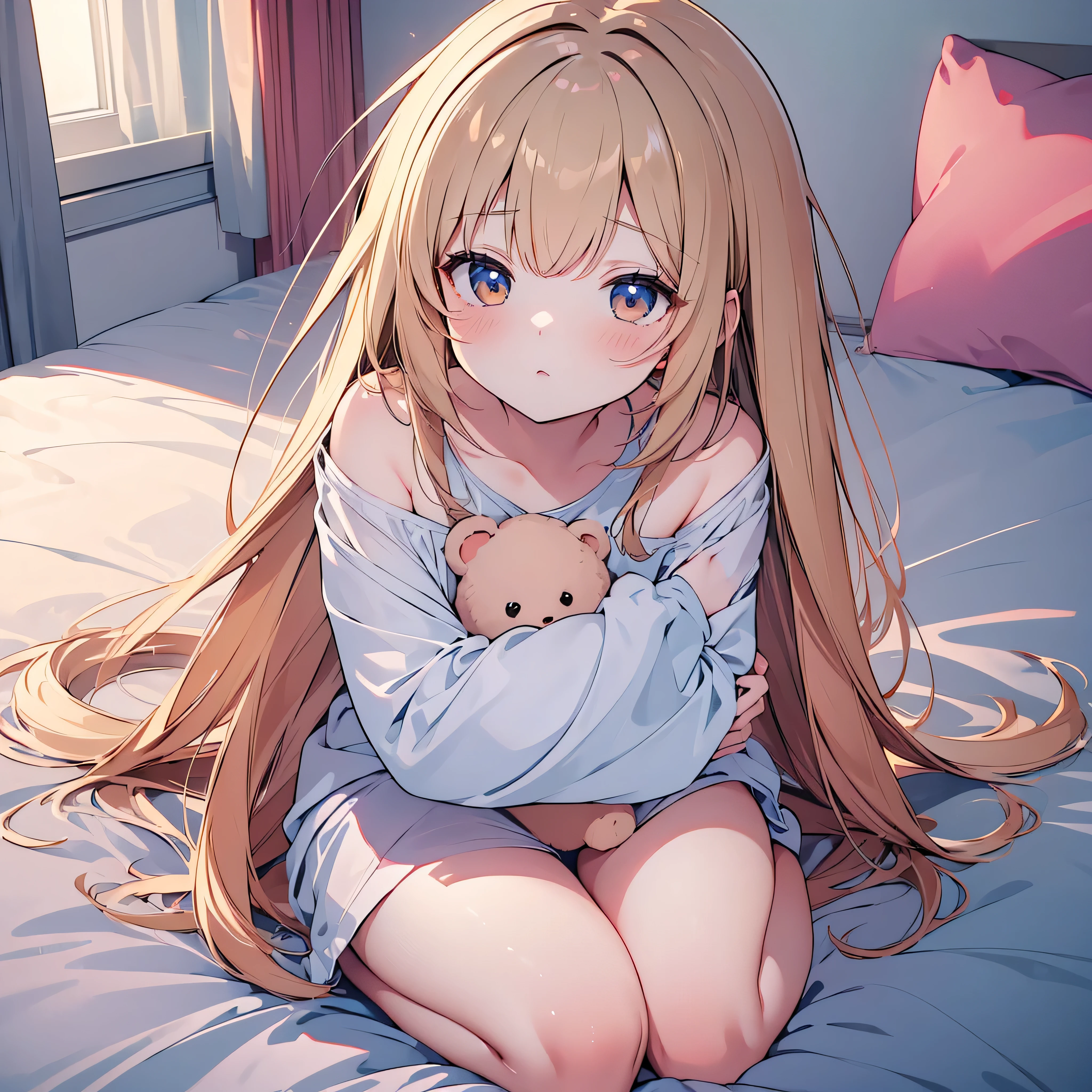 ((masterpiece)), ((Best Quality)), (Ultra-detailed), Anime style, 8k , Cute , 1girl in, Solo, light hair, sitting on the bed, bare shoulder, shy girl , hug a teddy bear 