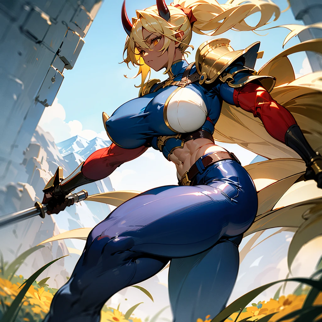 1girl, detailed ((blonde hair)), (gold eyes), ((big red horns)), {{dark skin}}, ({dark skinned female}), gigantic breasts, thick thighs, translucent blue veins on the body, strong abdominal muscles, strong leg muscles, strong arm muscles, ponytail hairstyle, wearing a blue coat with rolled up sleeves, steel belly heavy armor, leather pants, leather steel gloves, wide a leather belt with gold yarn walks through a flower meadow against the backdrop of distant high mountains,