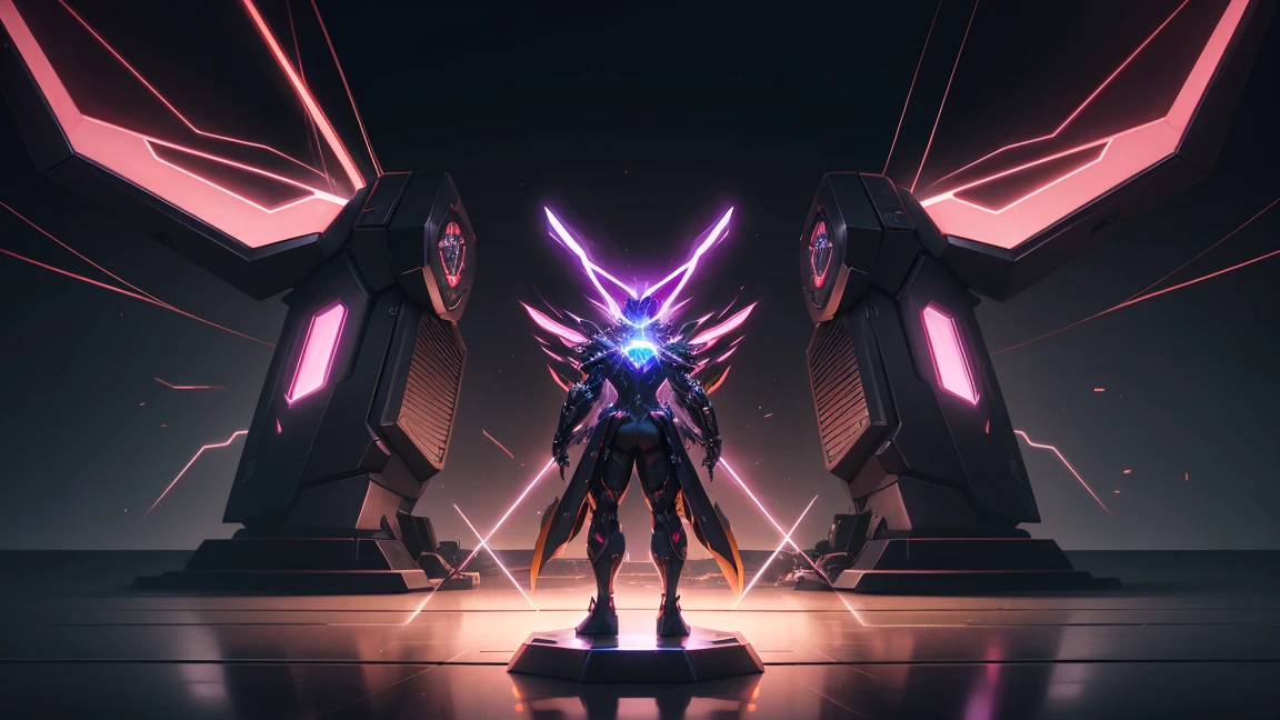 center, potential connection, (the Asus ROG Strix graphics card is placed on a shiny pedestal with connecting system wires transmitting energy to the super robot behind), (promoting the image of the graphics card), with the Asus logo on the chest of the super robot, extremely cool robot, card graphic Asus ROG Strix promotional, rtx engine, masterpiece, best quality, extremely detailed CG unity 8k, realistic lighting, creating lifelike shadows and luminous glow that astound the senses, Impact of technology,