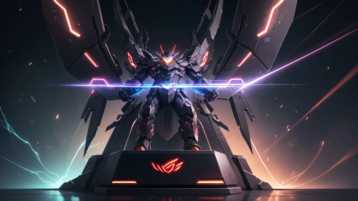 center, potential connection, (the Asus ROG Strix graphics card is placed on a shiny pedestal with connecting system wires transmitting energy to the super robot behind), (promoting the image of the graphics card), with the Asus logo on the chest of the super robot, extremely cool robot, card graphic Asus ROG Strix promotional, rtx engine, masterpiece, best quality, extremely detailed CG unity 8k, realistic lighting, creating lifelike shadows and luminous glow that astound the senses, Impact of technology,