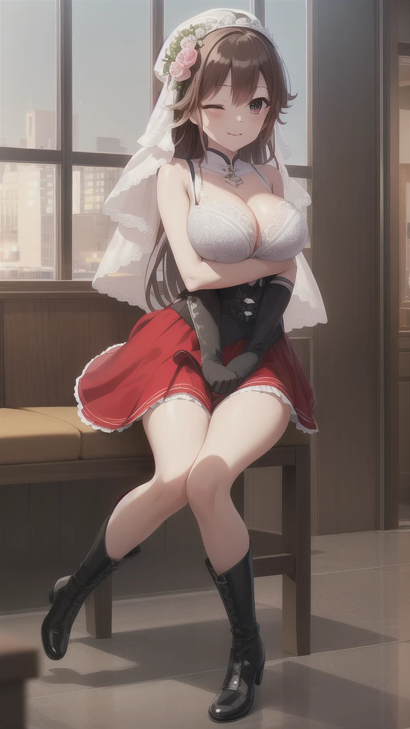 A girl,Long hair, Bangs, Red Hair, Hair between the eyes, s eyes:(1.5), (in the breast:1.2),
rest 锁骨, Wedding dress,veil,wedding,Red Dress,Flowers,The skirt is broken,Black socks,Black knee socks,Black gloves,Long boots,Cleavage,
Looking at the audience, whole body,
indoors, church,permanent,permanent,Smile,With one eye closed,
rest (masterpiece:1.2), best quality, high resolution, 8k wallpaper, (illustration:0.8), (美丽细致s eyes:1.6), Extremely detailed face, Perfect lighting, Extremely detailed CG, (Perfect hands, Perfect anatomical structure),