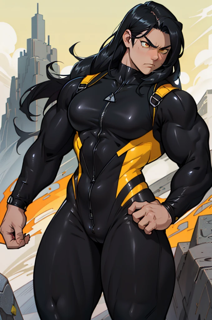 ((1 girl)), solo, black hair, extremely long hair, yellow eyes, (angry), pale skin, (((((((muscular))))))), ((thick thighs)), ((huge breasts)), ((((black body suit)))), (((wide hips))), mountain range background, (shiny skin) thick thick thick thick thick thick