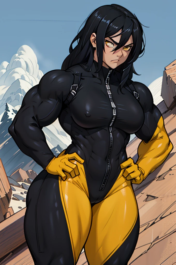 ((1 girl)), solo, black hair, extremely long hair, yellow eyes, (angry), pale skin, (((((((muscular))))))), ((thick thighs)), ((huge breasts)), ((((black body suit)))), (((wide hips))), mountain range background, (shiny skin) thick thick thick thick thick thick