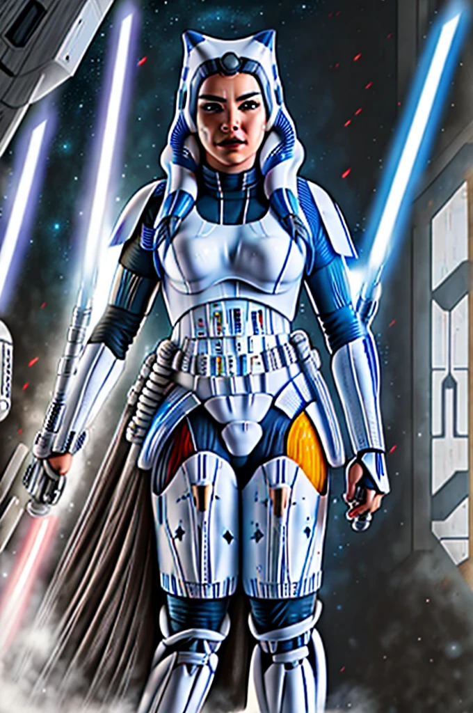 Photo of a  (ahsoka) as ((((Stormtrooper)))) from Star Wars, (full body), ((Dynamic portrait)), ((Hyperrealism)), ((Detailed RAW color art)), ((Bokeh effect)), ((Leading Lines Shot)), ((Tilt-Shift (Simulating Miniature Scenes))), ((Butterfly lighting)). She wears the iconic Stormtrooper armor with a glossy black finish and thigh-high boots. Her medium-sized breasts are hidden underneath the rigid structure of her uniform. Her eyes are covered by the helmet, but her expression is determined and focused, creating an intriguing contrast between her impassive face and the lively background. The photograph, taken with a high-end
