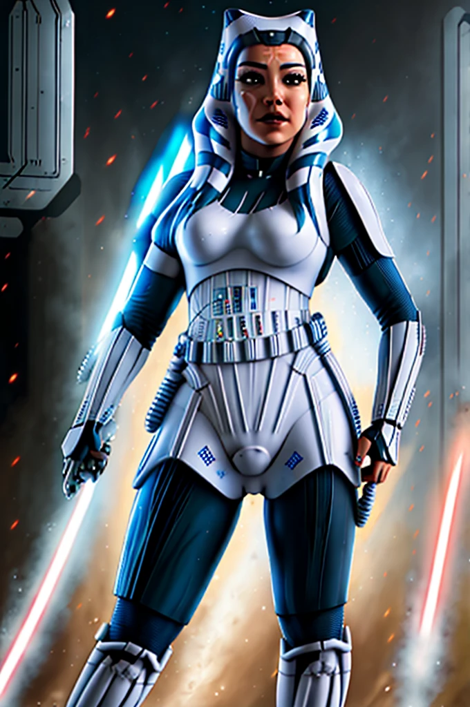 Photo of a  (ahsoka) as ((((Stormtrooper)))) from Star Wars, (full body), ((Dynamic portrait)), ((Hyperrealism)), ((Detailed RAW color art)), ((Bokeh effect)), ((Leading Lines Shot)), ((Tilt-Shift (Simulating Miniature Scenes))), ((Butterfly lighting)). She wears the iconic Stormtrooper armor with a glossy black finish and thigh-high boots. Her medium-sized breasts are hidden underneath the rigid structure of her uniform. Her eyes are covered by the helmet, but her expression is determined and focused, creating an intriguing contrast between her impassive face and the lively background. The photograph, taken with a high-end
