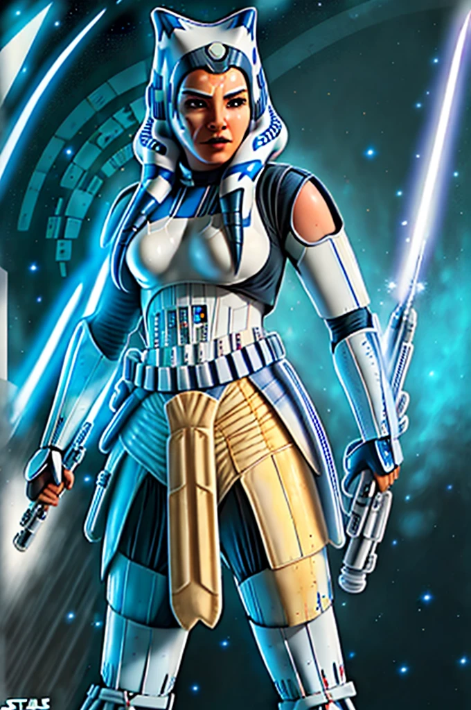 Photo of a  (ahsoka) as ((((Stormtrooper)))) from Star Wars, (full body), ((Dynamic portrait)), ((Hyperrealism)), ((Detailed RAW color art)), ((Bokeh effect)), ((Leading Lines Shot)), ((Tilt-Shift (Simulating Miniature Scenes))), ((Butterfly lighting)). She wears the iconic Stormtrooper armor with a glossy black finish and thigh-high boots. Her medium-sized breasts are hidden underneath the rigid structure of her uniform. Her eyes are covered by the helmet, but her expression is determined and focused, creating an intriguing contrast between her impassive face and the lively background. The photograph, taken with a high-end
