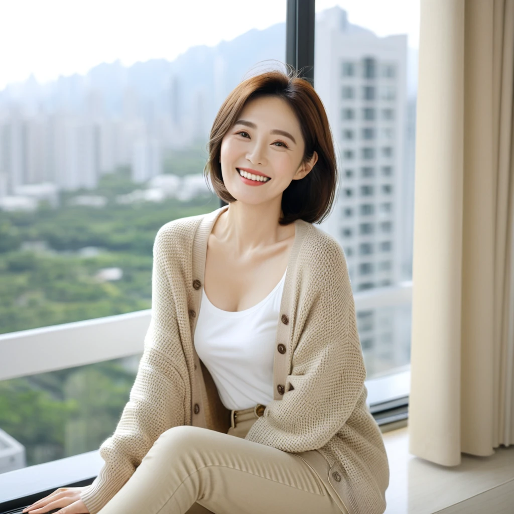 8k best picture quality, Beautiful 36-year-old Korean woman, The eyes are big, round and clear.. smile. short medium hair. Chest size 34 inches, Wearing a cardigan and beige jeans. Sitting by the window of a luxury high-rise apartment and drinking coffee, full body shot, Your eyes are big and pretty