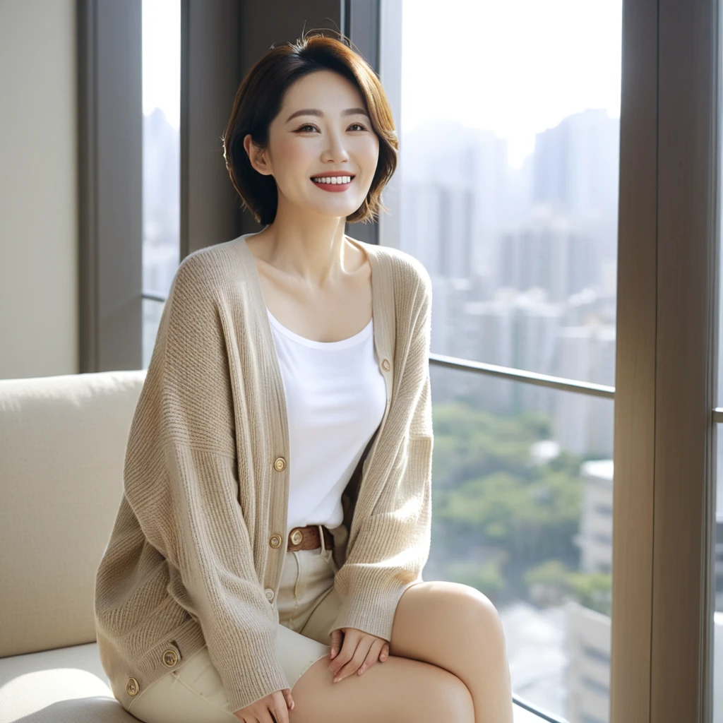 8k best picture quality, Beautiful 36-year-old Korean woman, The eyes are big, round and clear.. smile. short medium hair. Chest size 34 inches, Wearing a cardigan and beige jeans. Sitting by the window of a luxury high-rise apartment and drinking coffee, full body shot, Your eyes are big and pretty