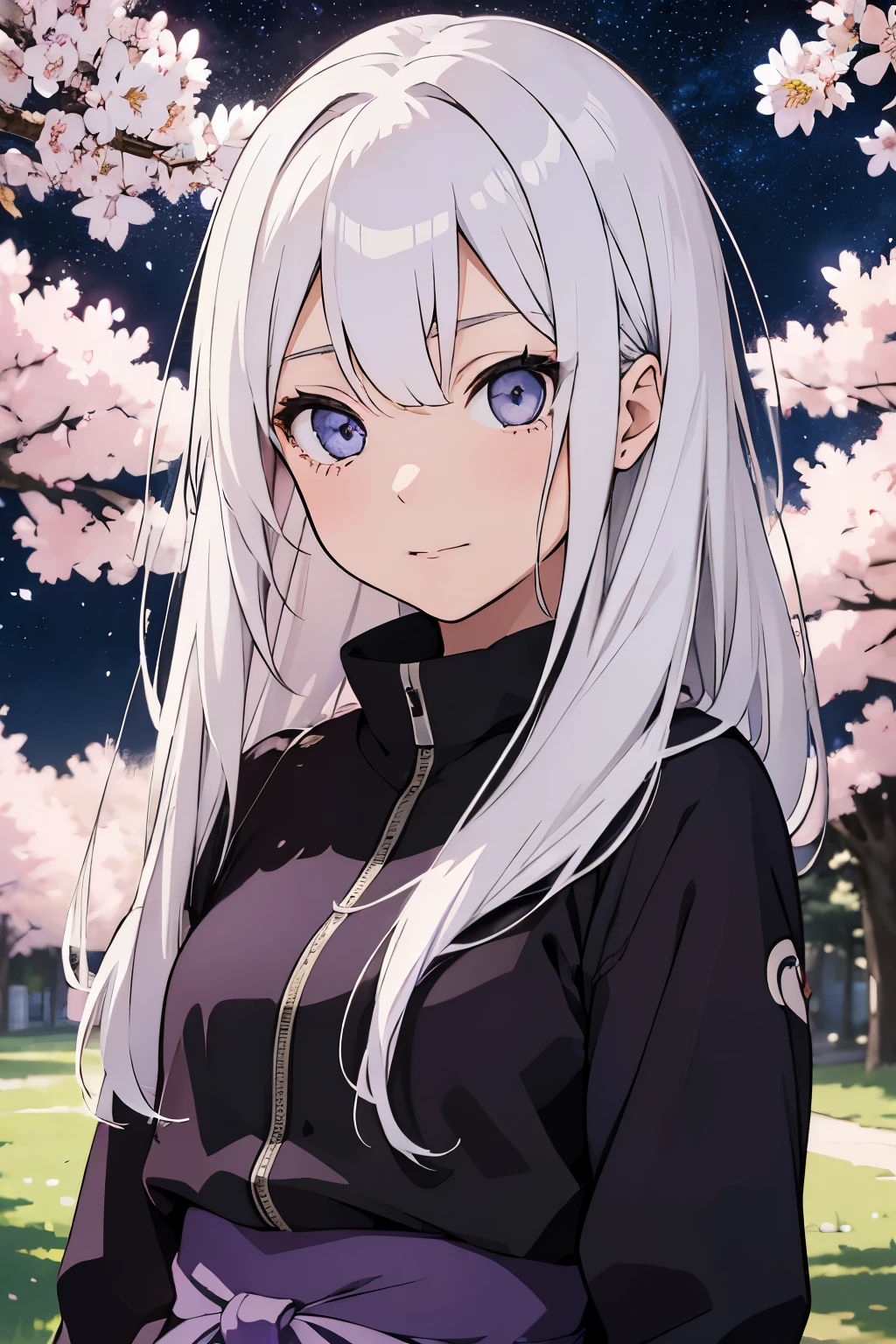 (high-quality, breathtaking),(expressive eyes, perfect face) portrait, Symmetrical Eyes, 1girl, solo, white hair, white coloured eyes, anime naruto art style, medium length hair, fluffy hair, feminine face, sky background, moon, open field background, stars, cherry blossom trees, hyuga, Ōtsutsuki, naruto ninja attire, neutral expression, soft smile, purple and black clothing, white trim, long sleeves, white dress, hair between eyes, bare shoulders, jacket
