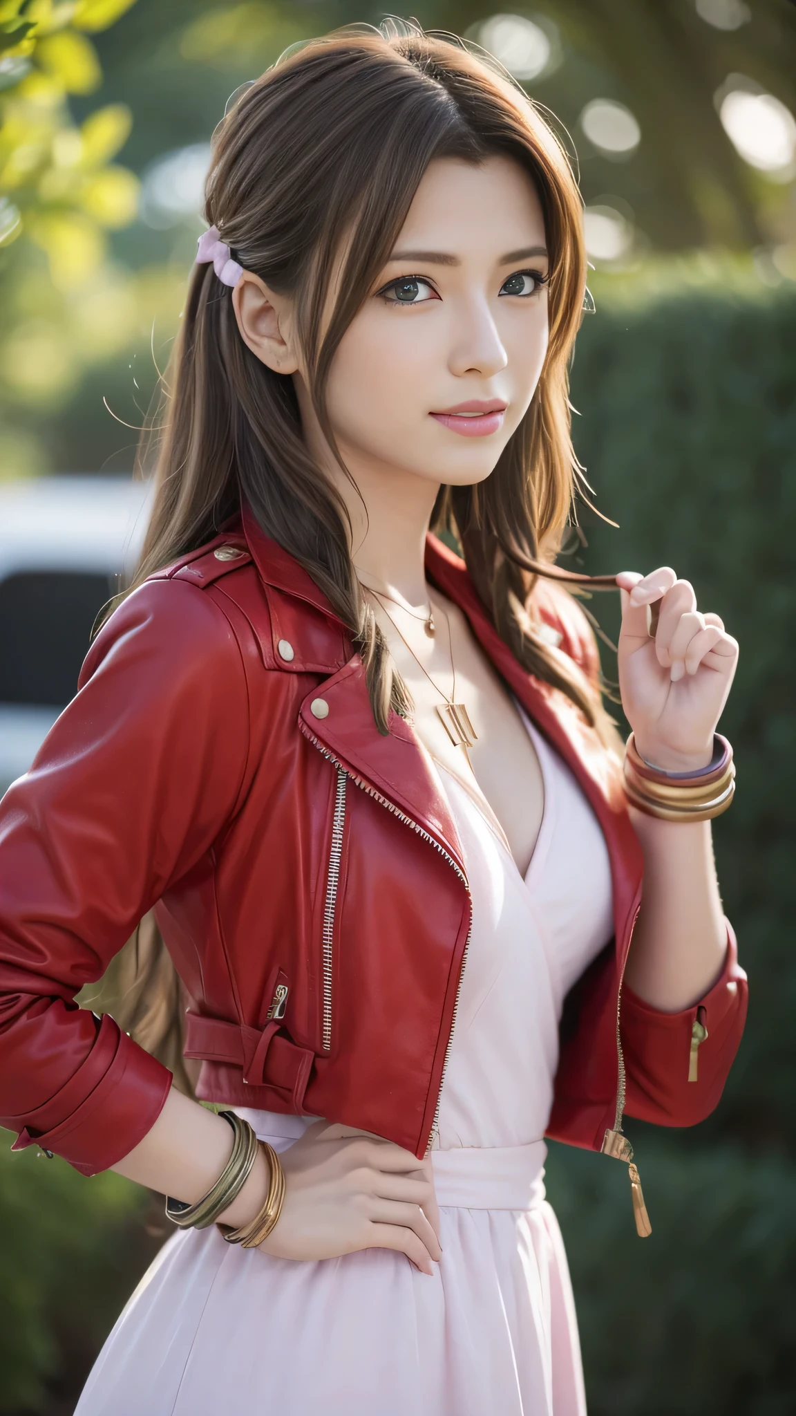masterpiece、1 beautiful girl、Beautiful Eyes、smile,Puffy eyes、Highest quality, 超High resolution, (reality: 1.4), Cinema Lighting、so beautiful、Beautiful Skin、Body facing forward、Upper Body,Face close-up,(Ultra-realistic)、(High resolution)、(8K)、(Very detailed)、(Beautiful eyes)、(Very detailedな)、 (wall-)、Detailed face、Bright lighting、Professional Lighting、Looking at the audience、Look straight ahead、Diagonal front hair、Perfect cosplay,Highest quality,masterpiece,8k wallpaper,Confused, High resolution, Very detailedな, (One beautiful girl, alone:1.1),Aerith Gainsbourg \(Cosplay\),red_Jacket, necklace,brown_hair,length_hair,bracelet,pink_dress,hair_ribbon,Hands on hips,terrace