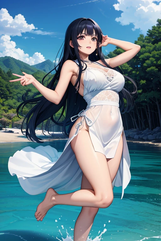 (Highest quality、masterpiece、High resolution、8K)、Vibrant colors、1 Female、Long black hair、Miho no Matsubara、Old Japan、Hagoromo Legend、whole body、barefoot、Beautiful woman in white lace dress jumps high、Official Art、The background is the sea、blue sky、Wide sandy beach、Large pine forest、