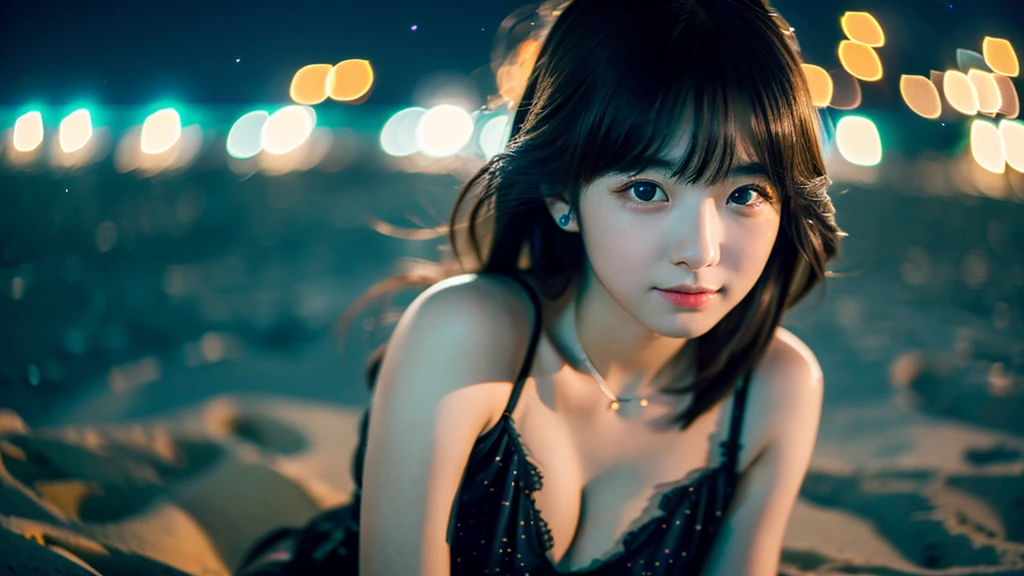 A very cute face like an idol、One 20-year-old woman with a youthful appearance、(Cleavage)、(((Beautiful starry sky on the beach at night)))、((Very dim lighting))、((cinematic lighting))、((Don't expose your face to the light))、((Long-distance shot))、RAW Photos、Genuine、live-action、(Artistic Expression)、High resolution、masterpiece