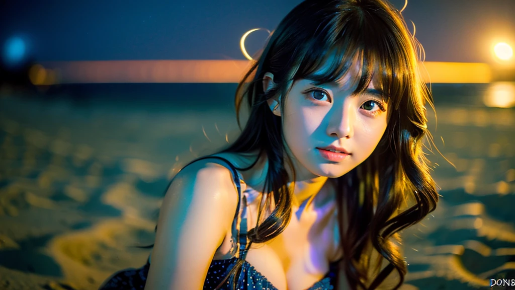 A very cute face like an idol、One 20-year-old woman with a youthful appearance、(Cleavage)、(((Beautiful starry sky on the beach at night)))、((Very dim lighting))、((cinematic lighting))、((Don&#39;t expose your face to the light))、((Long-distance shot))、RAW Photos、Genuine、live-action、(Artistic Expression)、High resolution、masterpiece