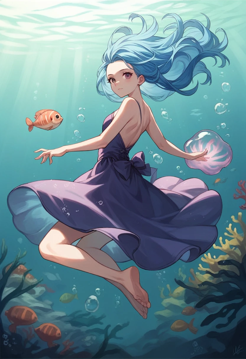 (((underwater))), beautiful young girl, long blue hair, purple dress, water, glowing jellyfish, sea life