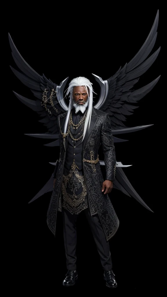 A very strong black gentleman with full body, with a set of black clothes, with black wing, with straight white hair and white beard.