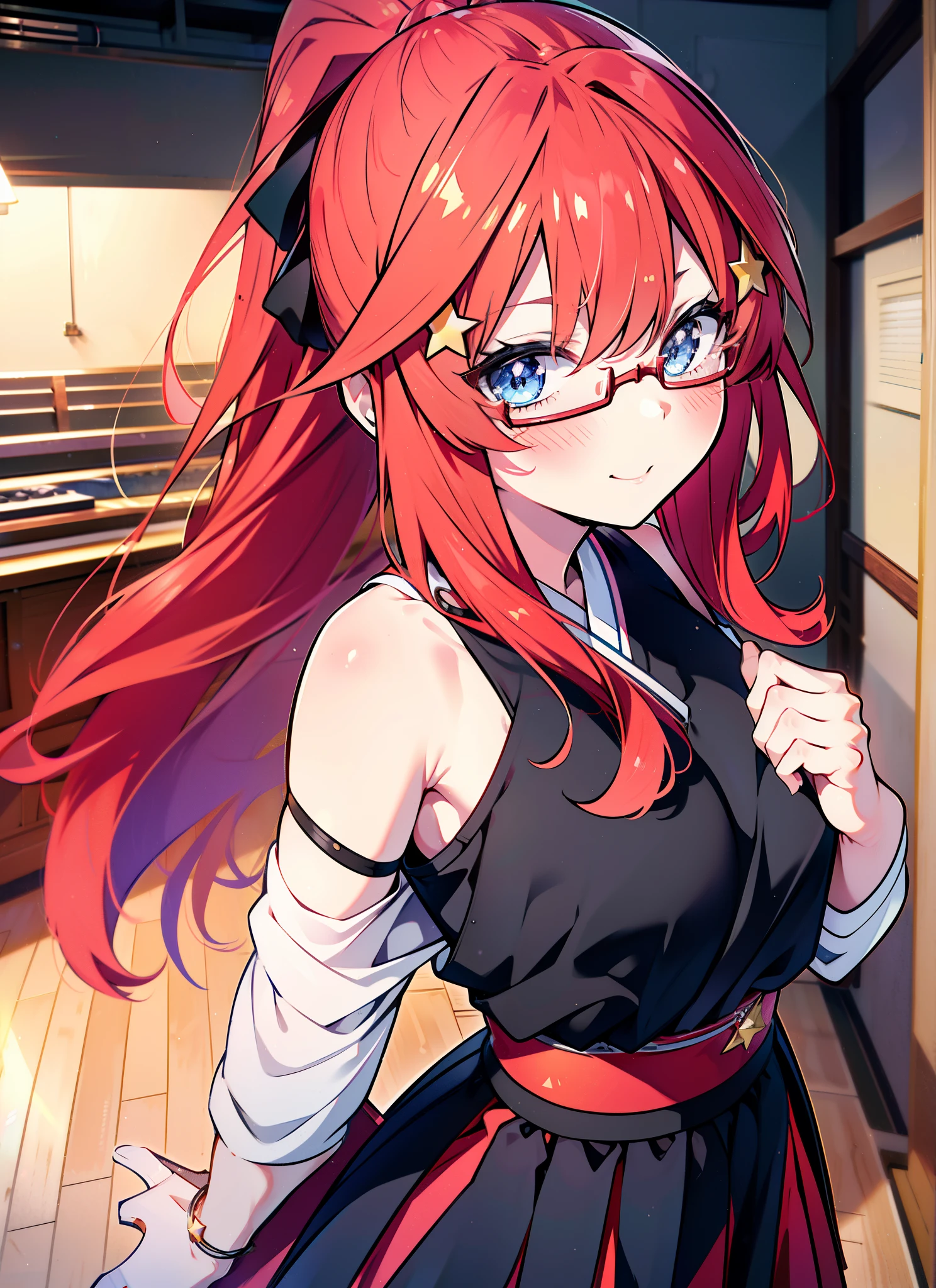 itsukinakano, itsuki nakano, bangs, blue eyes, Hair between the eyes, Ahoge, Redhead, star \(symbol\), hair ornaments, star hair ornaments,smile,blush,Open your mouth,ponytail,Red-rimmed glasses,Cold Shoulder Shirt,Long skirt,Black pantyhose,Stiletto heels,Walking,whole bodyがイラストに入るように,
break indoors, School,廊下
break looking at viewer, whole body,
break (masterpiece:1.2), Highest quality, High resolution, unity 8k wallpaper, (figure:0.8), (Beautiful attention to detail:1.6), Highly detailed face, Perfect lighting, Highly detailed CG, (Perfect hands, Perfect Anatomy),