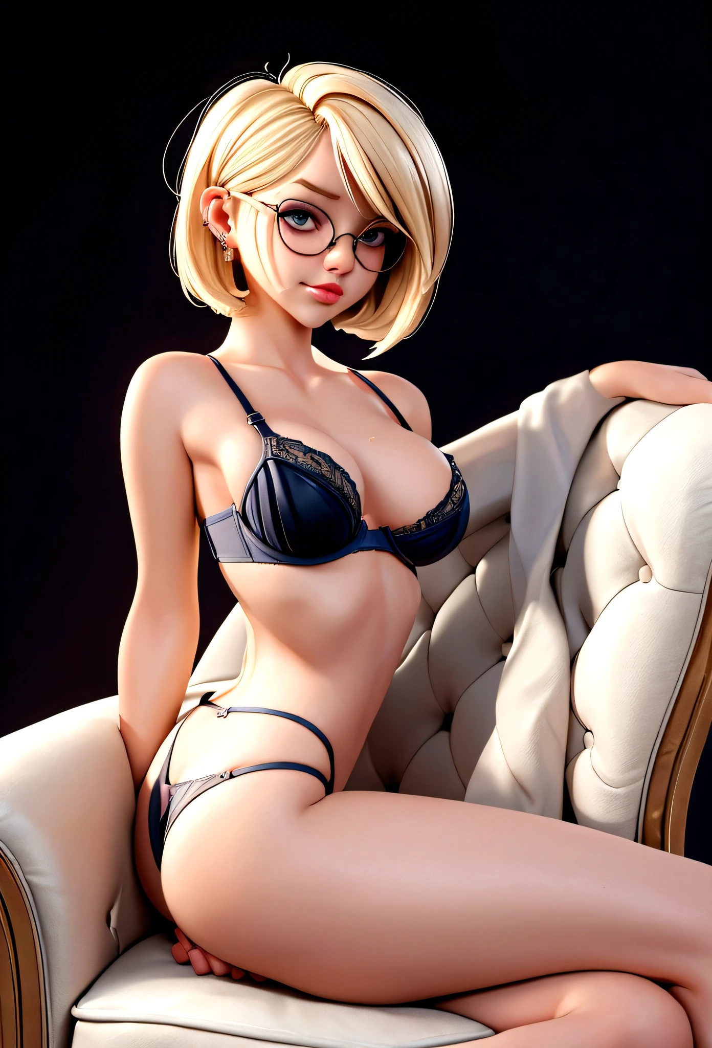 Create a girl with a nice ass,in a thong,sitting in an armchair wearing a thong and transparent bra. His legs are apart and he has his hands on his knees.blonde bob hair glasses,nose piercing,slightly sweaty and provocative look 