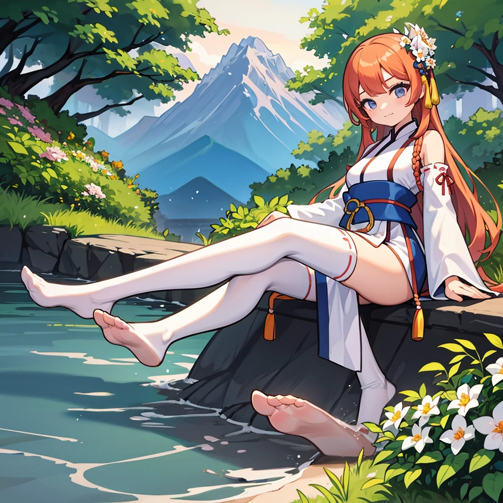 Hanfu, 1 Girl, Medium breasts, cleveage, Mountain, soaking foot, sit, Chinese Park Background,White stockings,Shimizu,(foot:1.3), Too many flowers,  