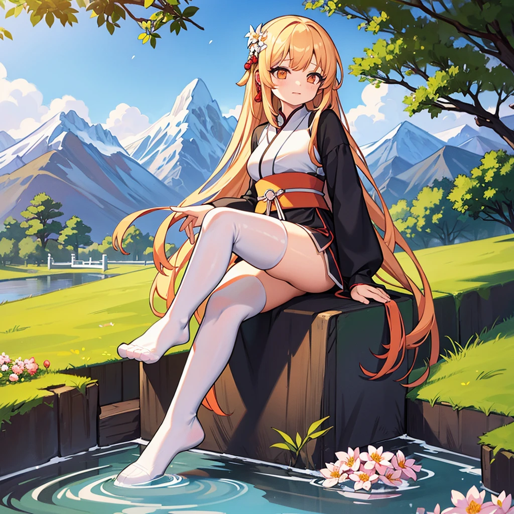 Hanfu, 1 Girl, Medium breasts, cleveage, Mountain, soaking foot, sit, Chinese Park Background,White stockings,Shimizu,(foot:1.3), Too many flowers,  