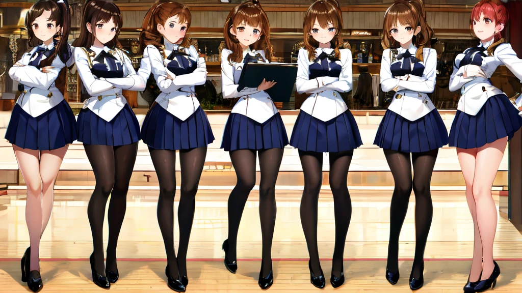 masterpiece, Highest quality, High resolution, 10+girl, crowd, Identical twin sisters, clone, An orderly line of sisters, An orderly line of sisters, Sisters in a row, uniform, Matching outfits, Long Hair, Curly Hair, ponytail, Matching hairstyle, Hazel Eyes, Brown Hair, Black tie, Blue Ribbon, Brown Skirt, salute, smile, indoor, Group shot, whole body, Panty shot, Black high heels