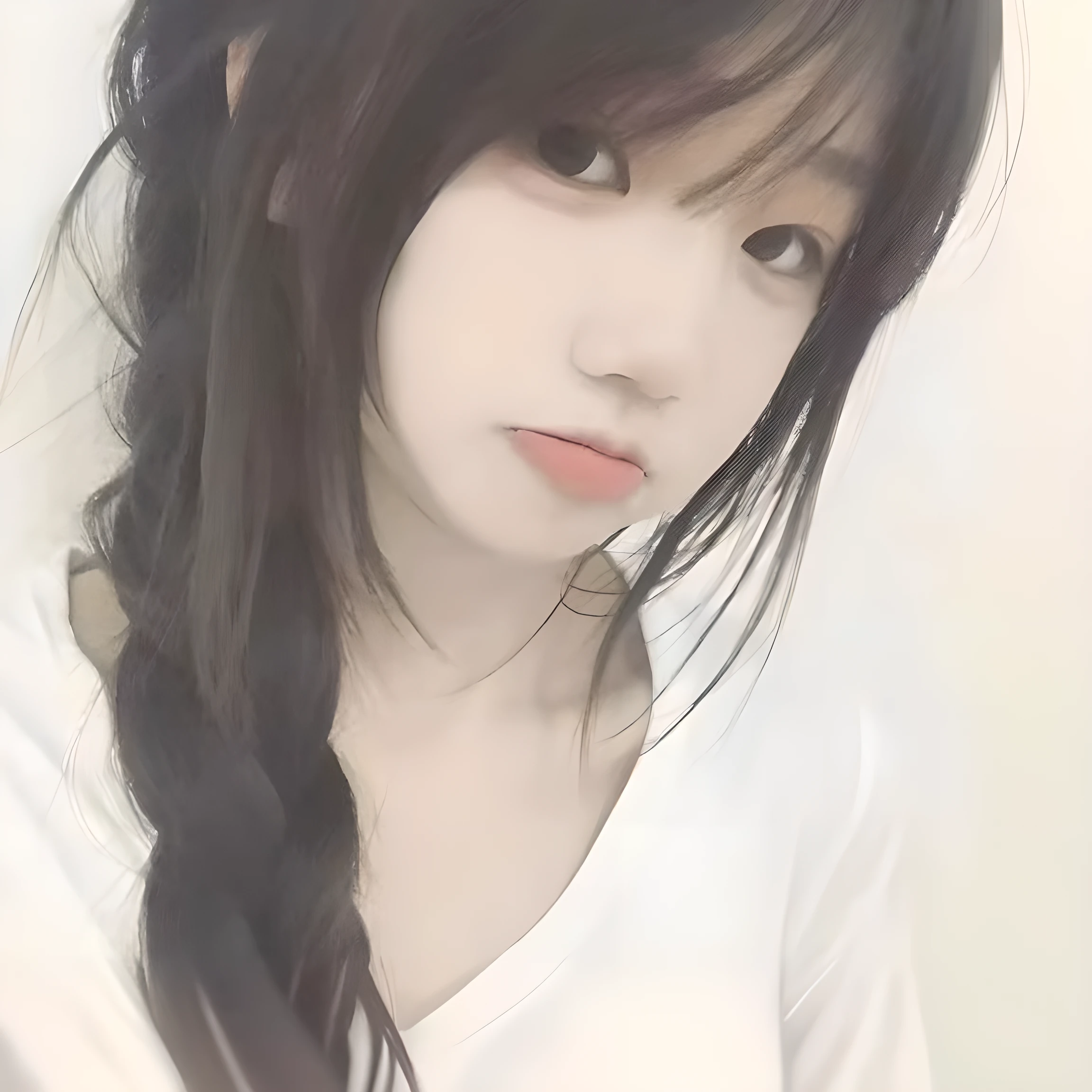 There is a girl with long hair and a white shirt，Ulzan, Cute and natural anime face, Girl Cute - Delicate Face, Anime girls in real life, Chiho, She has black hair，With bangs, black hime cut hair, WAN cute Korean face, With a cute and delicate face, Young cute pale Asian face, Sakimichan
