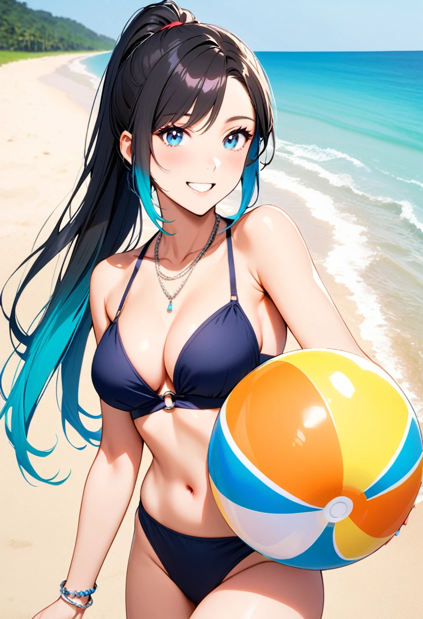 A woman, 21-years-old, solo, Caucasian, black hair, cyan hair, gradient hair, multicolored hair, ponytail, two-tone hair, blue eyes, cheerful smile, mature face, dark blue bikini top, dark blue bikini bottom, midriff, medium-sized bust, holding a beachball, beach, thin silver necklace, white bracelet