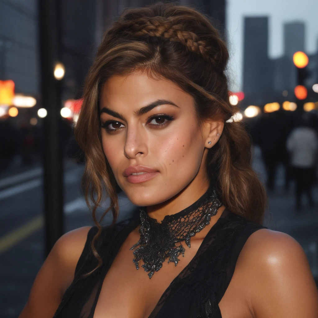 eva_mendes, portrait, close up, instagram selfie, (( very long hair, hair over eye, wild hair, braids)), wearing gothic styled outfit, collar with spikes, big chest, foggy, dim neon light, noir style, dystopian city at night, dirty street, ((perfect eyes, detailed eyes,realistic eyes)), ((sharp face, detailed face, realistic face, naturtal skin, realistic skin, detailed skin, pores))