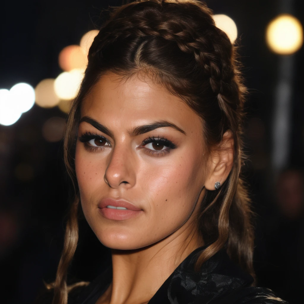 eva_mendes, portrait, close up, instagram selfie, (( very long hair, hair over eye, wild hair, braids)), wearing gothic styled outfit, collar with spikes, big chest, foggy, dim neon light, noir style, dystopian city at night, dirty street, ((perfect eyes, detailed eyes,realistic eyes)), ((sharp face, detailed face, realistic face, naturtal skin, realistic skin, detailed skin, pores))