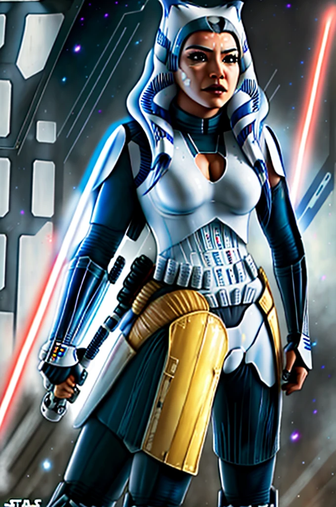 Photo of a  (ahsoka) as ((((Stormtrooper)))) from Star Wars, (full body), ((Dynamic portrait)), ((Hyperrealism)), ((Detailed RAW color art)), ((Bokeh effect)), ((Leading Lines Shot)), ((Tilt-Shift (Simulating Miniature Scenes))), ((Butterfly lighting)). She wears the iconic Stormtrooper armor with a glossy black finish and thigh-high boots. Her medium-sized breasts are hidden underneath the rigid structure of her uniform. Her eyes are covered by the helmet, but her expression is determined and focused, creating an intriguing contrast between her impassive face and the lively background. The photograph, taken with a high-end
