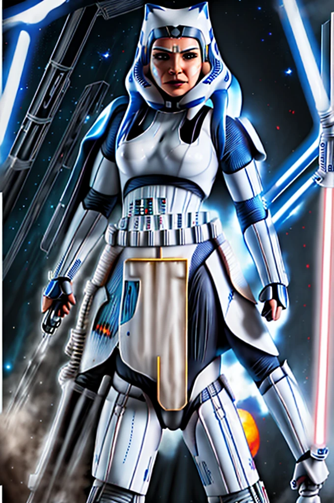 Photo of a  (ahsoka) as ((((Stormtrooper)))) from Star Wars, (full body), ((Dynamic portrait)), ((Hyperrealism)), ((Detailed RAW color art)), ((Bokeh effect)), ((Leading Lines Shot)), ((Tilt-Shift (Simulating Miniature Scenes))), ((Butterfly lighting)). She wears the iconic Stormtrooper armor with a glossy black finish and thigh-high boots. Her medium-sized breasts are hidden underneath the rigid structure of her uniform. Her eyes are covered by the helmet, but her expression is determined and focused, creating an intriguing contrast between her impassive face and the lively background. The photograph, taken with a high-end
