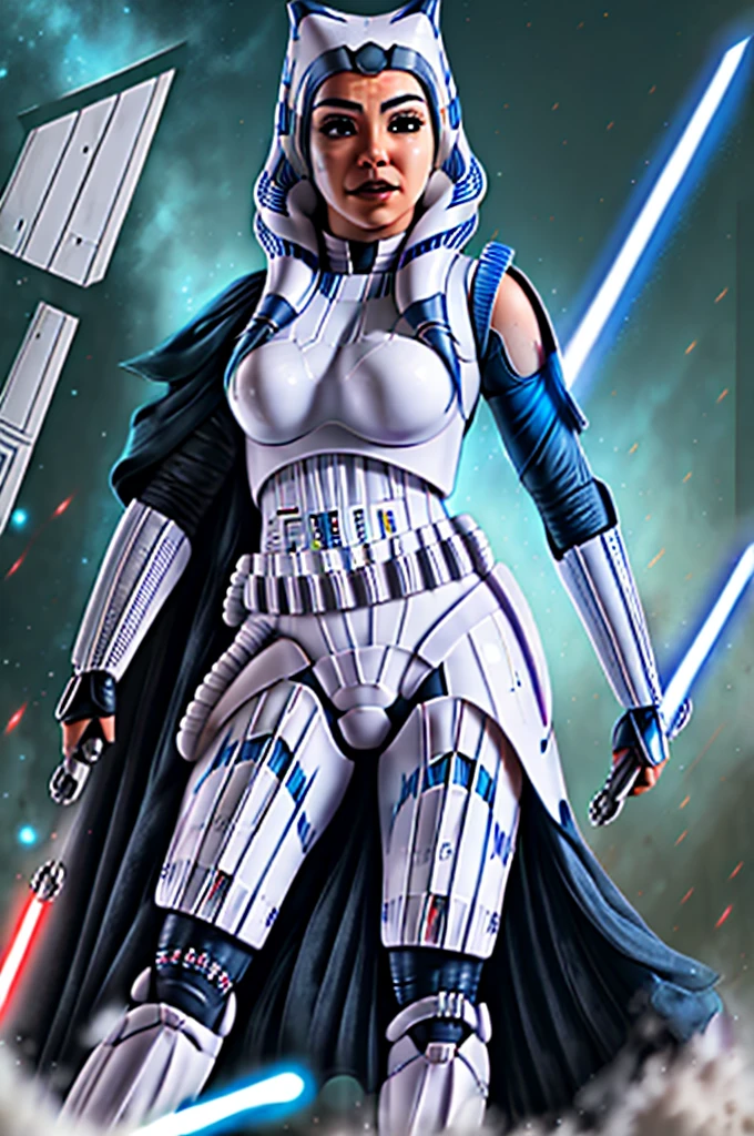 Photo of a  (ahsoka) as ((((Stormtrooper)))) from Star Wars, (full body), ((Dynamic portrait)), ((Hyperrealism)), ((Detailed RAW color art)), ((Bokeh effect)), ((Leading Lines Shot)), ((Tilt-Shift (Simulating Miniature Scenes))), ((Butterfly lighting)). She wears the iconic Stormtrooper armor with a glossy black finish and thigh-high boots. Her medium-sized breasts are hidden underneath the rigid structure of her uniform. Her eyes are covered by the helmet, but her expression is determined and focused, creating an intriguing contrast between her impassive face and the lively background. The photograph, taken with a high-end
