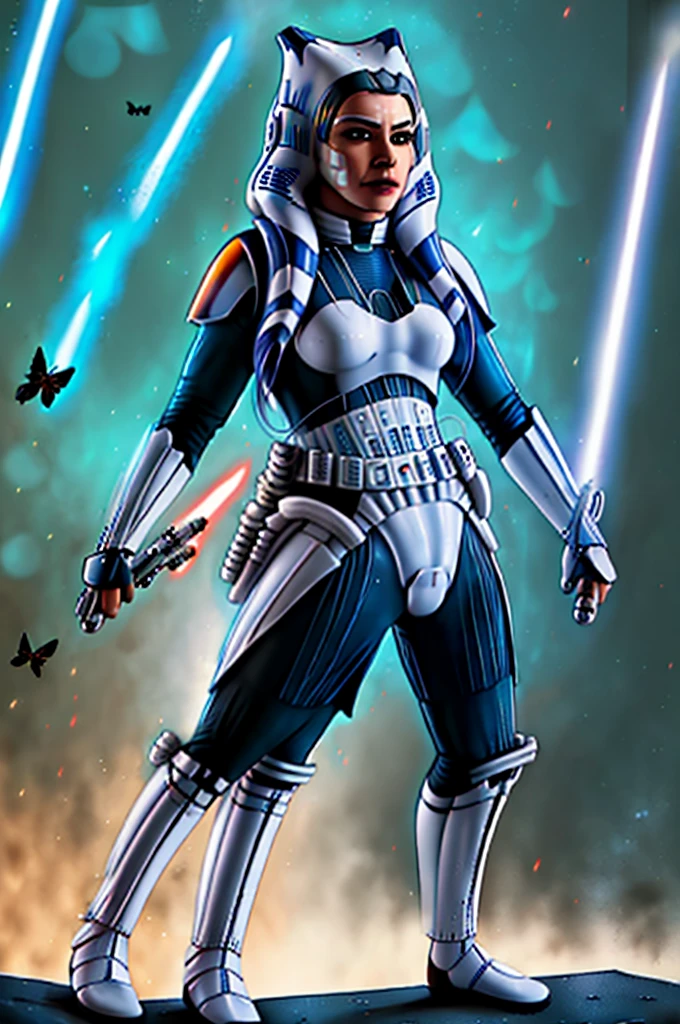 Photo of a  (ahsoka) as ((((Stormtrooper)))) from Star Wars, (full body), ((Dynamic portrait)), ((Hyperrealism)), ((Detailed RAW color art)), ((Bokeh effect)), ((Leading Lines Shot)), ((Tilt-Shift (Simulating Miniature Scenes))), ((Butterfly lighting)). She wears the iconic Stormtrooper armor with a glossy black finish and thigh-high boots. Her medium-sized breasts are hidden underneath the rigid structure of her uniform. Her eyes are covered by the helmet, but her expression is determined and focused, creating an intriguing contrast between her impassive face and the lively background. The photograph, taken with a high-end
