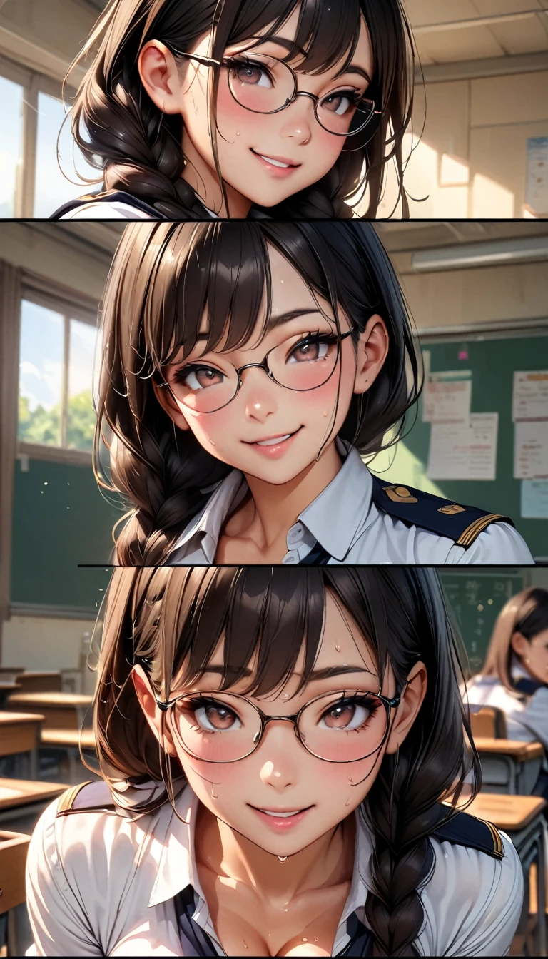  (Highest quality, 8K, 4K, High resolution, masterpiece:1.2), Very detailed, Anime Style:0.9, Realistic, Bright colors, Written boundary depth, Blurred Background,  alone, 1 female, (Black Hair, Long Hair, Braid, Glasses, Dark brown eyes), Beautiful facial details, Beautiful Eyes, Long eyelashes, Soft lips, (Small face), (smile:1.3), Rear View,  ((uniform:1.2,  )), classroom, (She climbs onto the desk and spreads her legs wide open to show it off), Lace Underwear, Big cleavage, Expressions of ecstasy, Sweat, Blushing, My body is soaked, Wet Panties, Cloudy semen splattered on her chest,