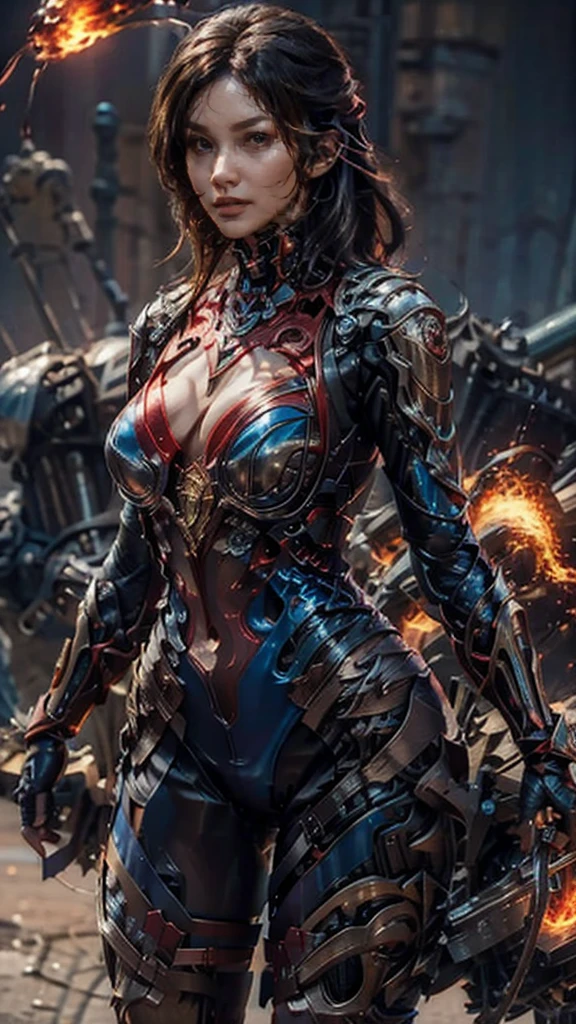 1girl, a superhero, blue-red latex, very sexy and tight half-bodysuit, with fire-bender power, cleavage, revealing, open thighs, epic skin details, epic skin textures, epic skin reflection, in fighting scene, epic battleground, octane rendering, epic details, cinematic lights, magic ricochets, looks angry, in the air,  in a distant, full body, 