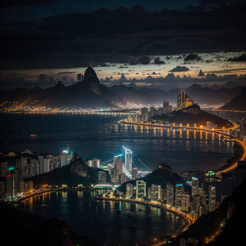 Night view of Rio de Janeiro, cyberpunk, neon lights, future year 2100, future, ano 2100