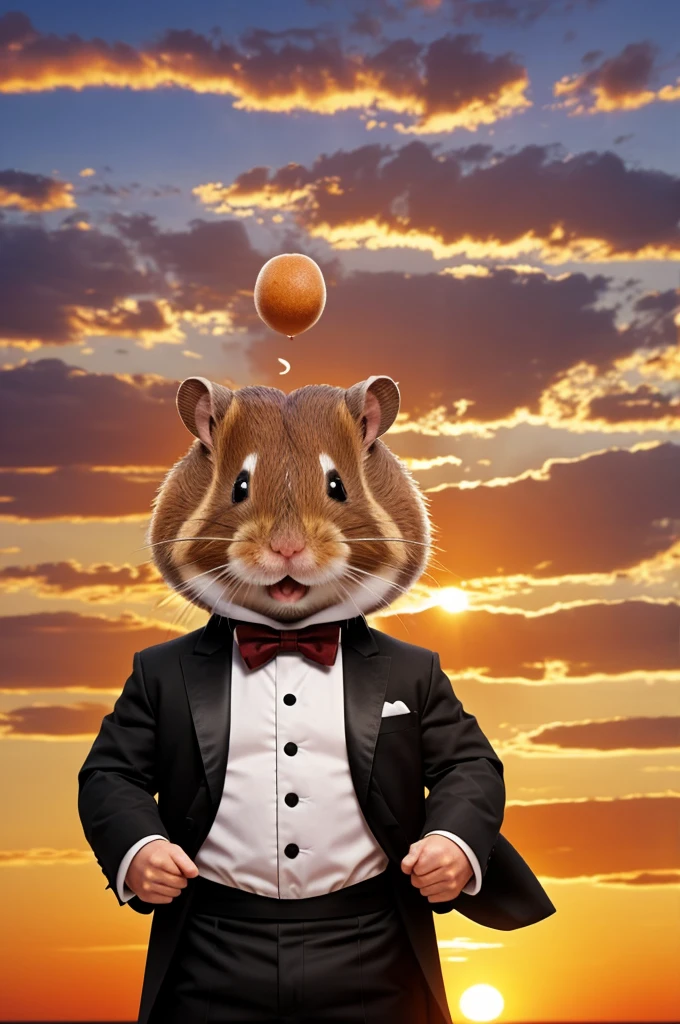 Draw a big hamster dressed as a waiter against the backdrop of a beautiful sunset