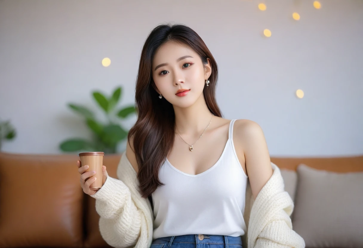 Close up of beautiful Korean woman, 32 inch chest size, Wearing a tank top and a cardigan, necklace, sit on the sofa and drink coffee, porcelain coffee cup, bokeh background, UH